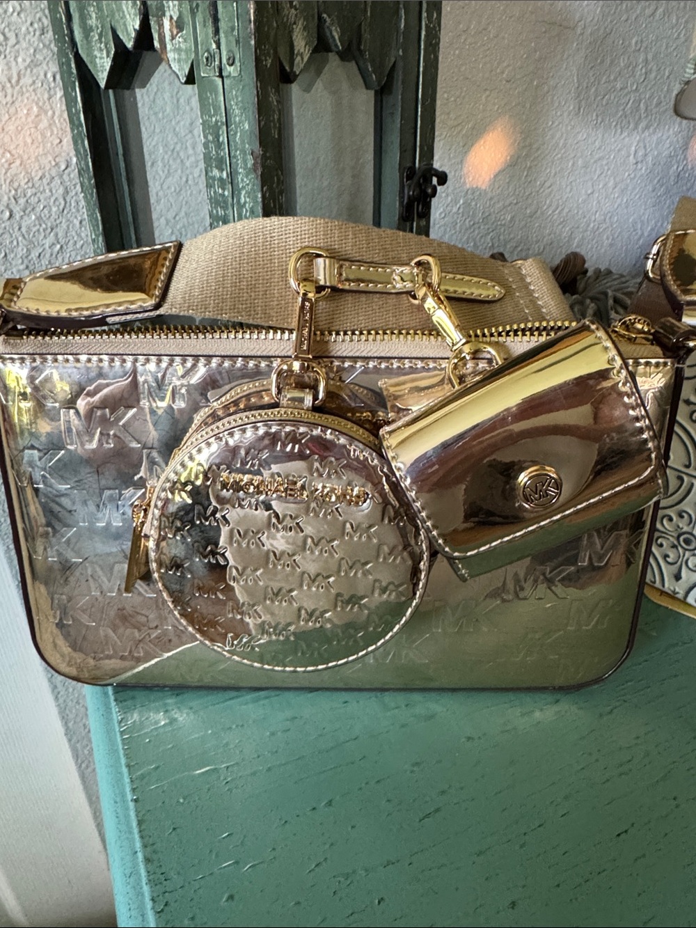 Michael Kors Metallic Gold Crossbody with Coin Pouch & Mini Wallet